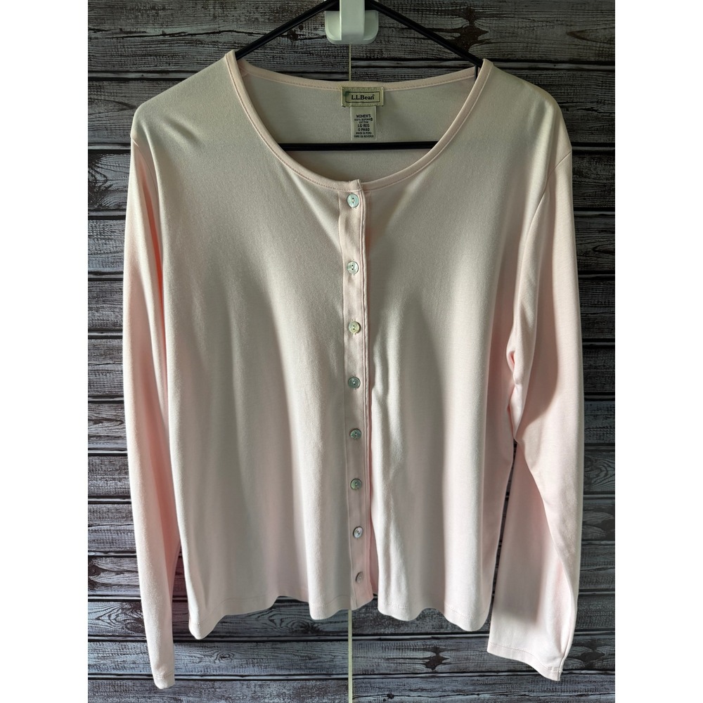 LL Bean Women's Long-Sleeved Button-Down Top Jersey Cardigan Size L Light Pink